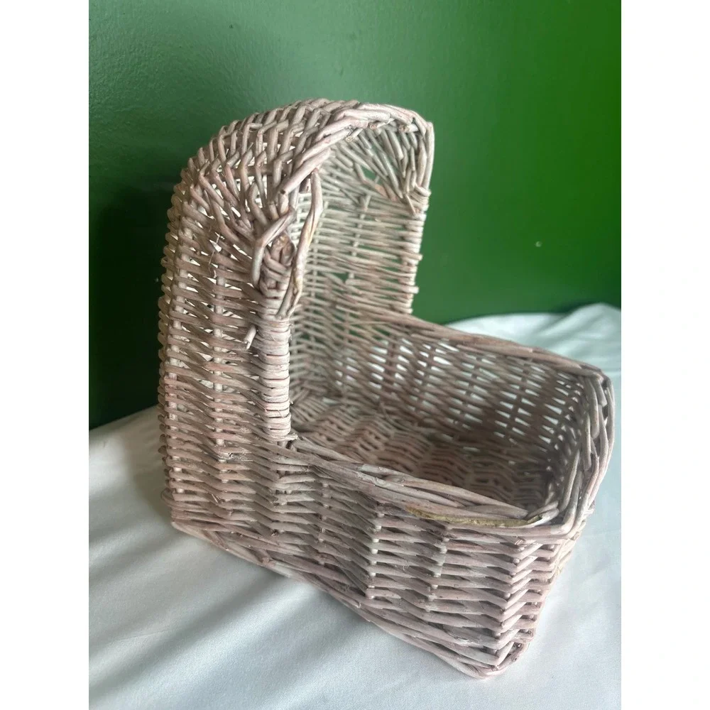 Vintage Wicker Doll Bassinet Basket Hooded Pink Whitewash Nursery Decor Prop